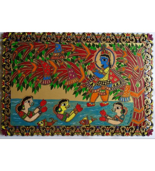 Madhubani Painting Depicting Krishna at River with Gopi, Hand Painting, Modern Art, Horizontal Mounting 